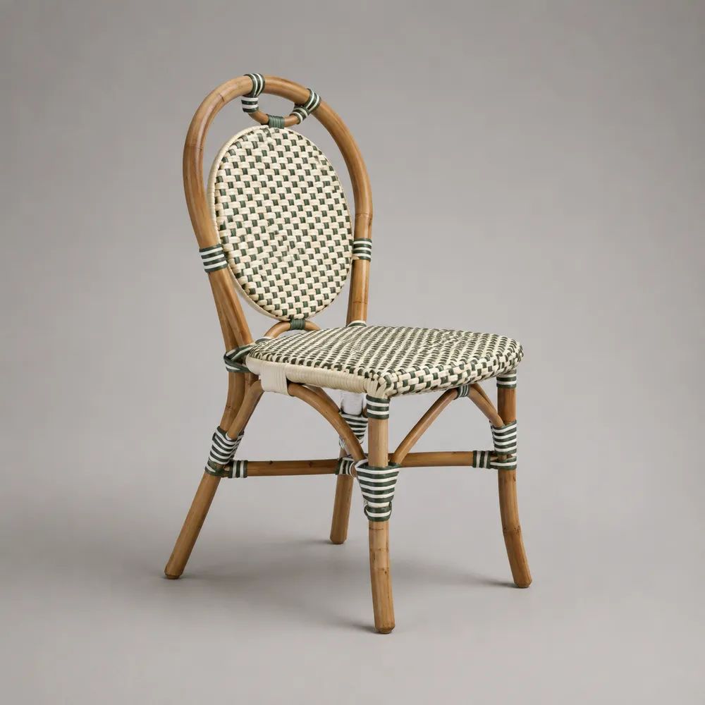 Esszimmerstuhl aus Rattan mit PE-Geflecht und ovaler Rückenlehne, Braun/Grün/Creme, 48 × 58 × 92 cm
