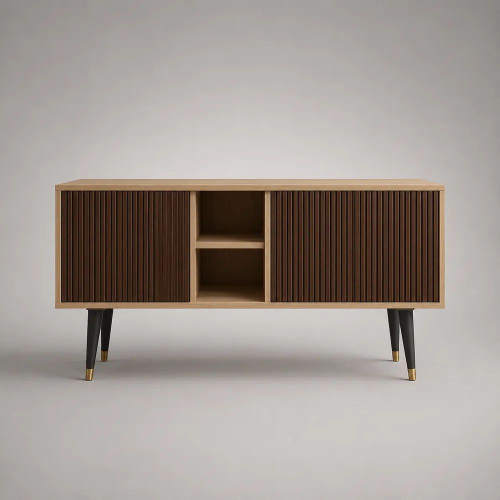 TV-Schrank aus MDF mit Walnussfurnier, 2 Lamellen-Schiebetüren und offenem Fach, Walnussbraun/Dunkelbraun, 140 × 40 × 76 cm