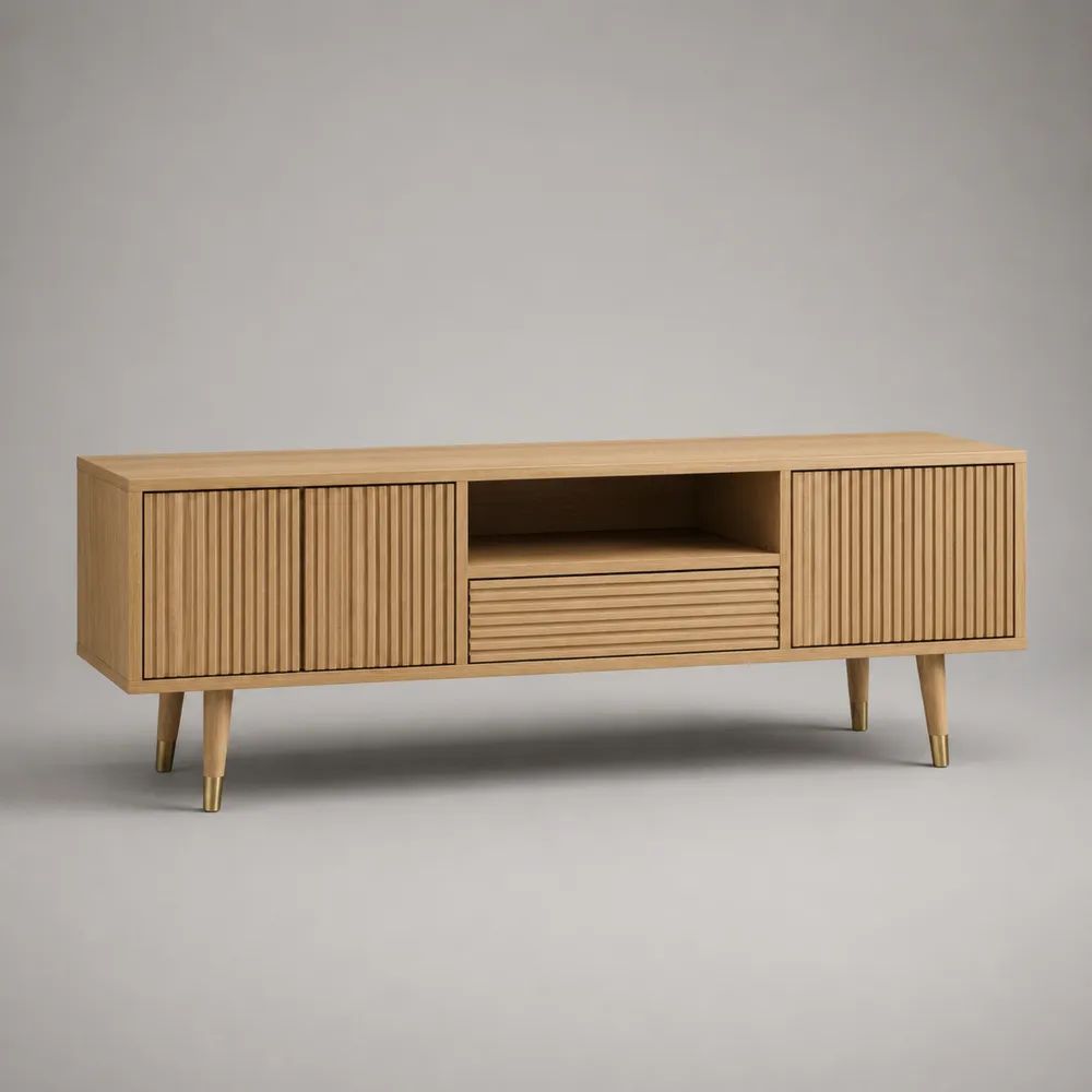 TV-Lowboard aus MDF mit Eichenfurnier, Eiche Natur/Gold, 160 x 40 x 55 cm