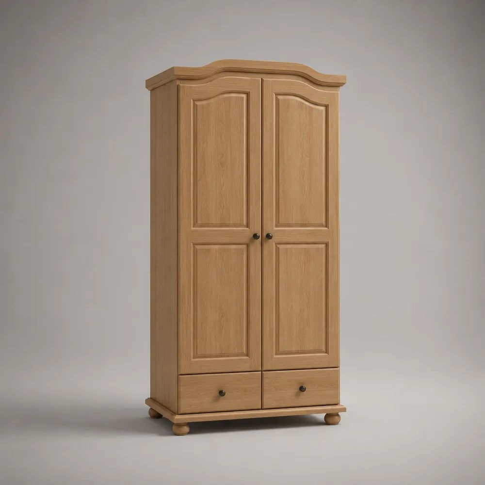 Kleiderschrank aus MDF mit Eichenfurnier, 2 Türen und 2 Schubladen, Eiche Natur/Schwarz, 100 × 55 × 200 cm