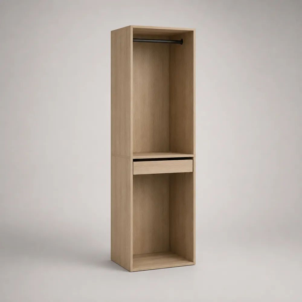 Offener Kleiderschrank aus melaminbeschichteter Spanplatte mit Schublade und Kleiderstange, Eiche Natur/Schwarz, 60 × 55 × 200 cm