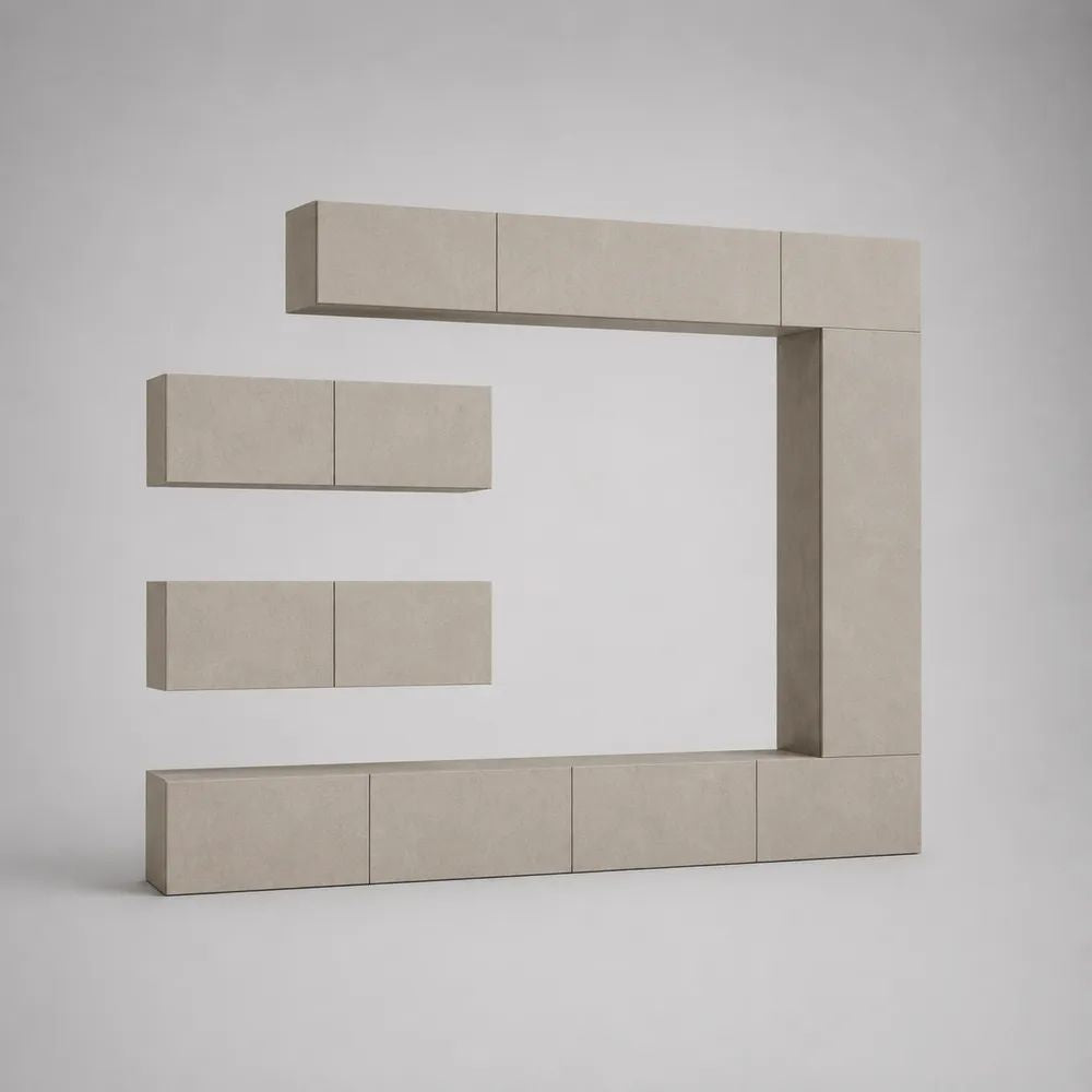 5-teilige Wohnwand aus Holzwerkstoff mit TV-Unterschrank und Hängeschränken, Beige/Graubeige, 240 × 40 × 215 cm
