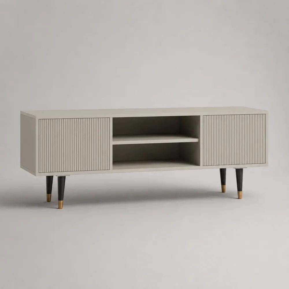 TV-Lowboard aus MDF mit Rillenfront, 2 Türen und 2 offenen Fächern, Beige/Schwarz/Goldfarben, 150 × 40 × 65 cm