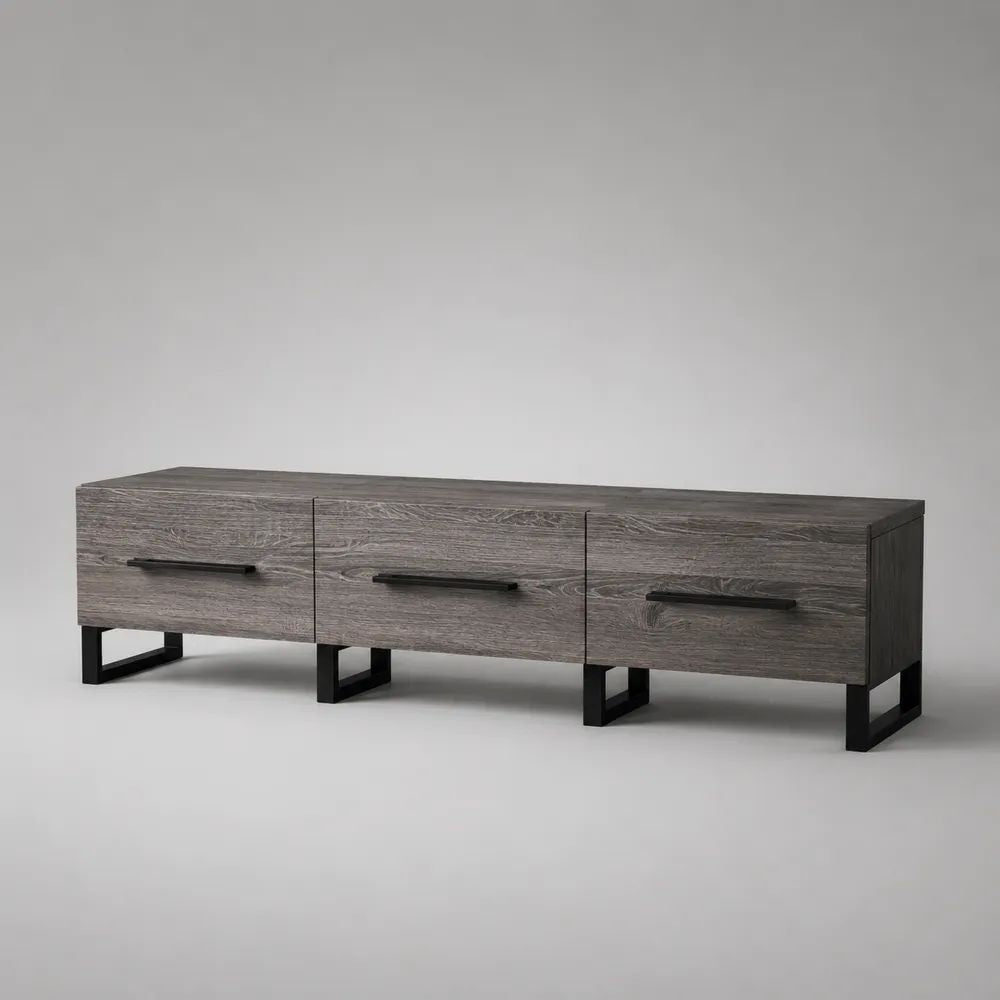 TV-Lowboard aus MDF und Stahl mit 3 Schubladen, graue Eichenoptik/Schwarz, 180 × 40 × 55 cm
