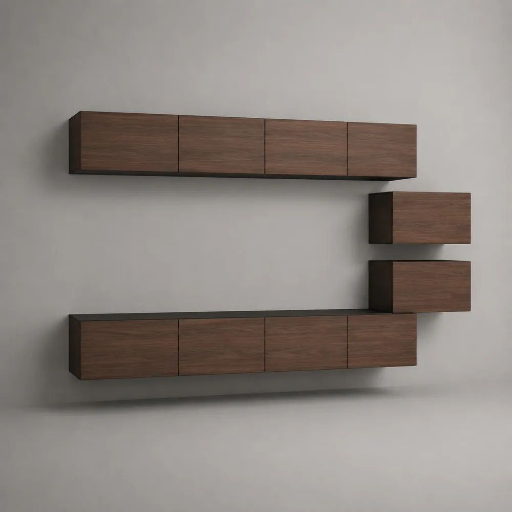 4-teiliges TV-Wandmöbel-Set aus MDF, Walnussbraun/Anthrazit, Gesamtanordnung 280 × 35 × 180 cm