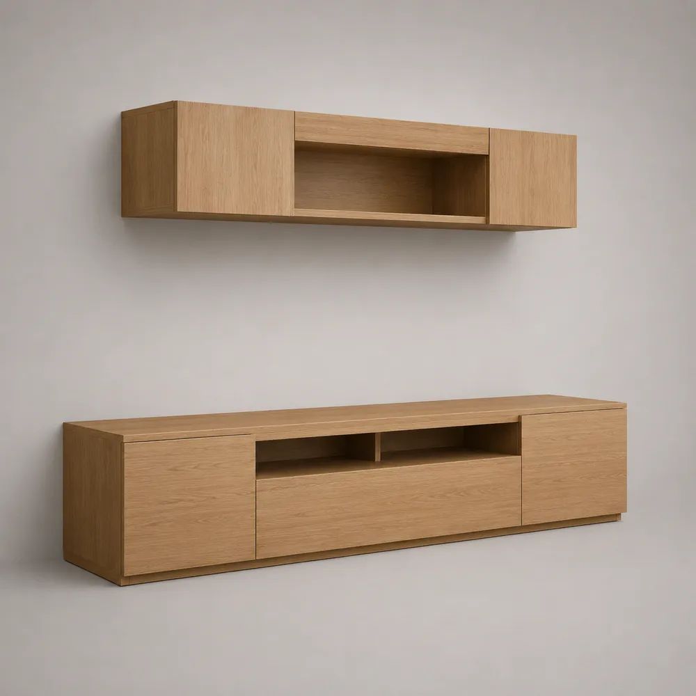 2-teiliges TV-Möbel-Set aus MDF mit Eichenfurnier in Eiche Natur, Lowboard 200 × 40 × 50 cm und Hängeschrank 160 × 30 × 35 cm