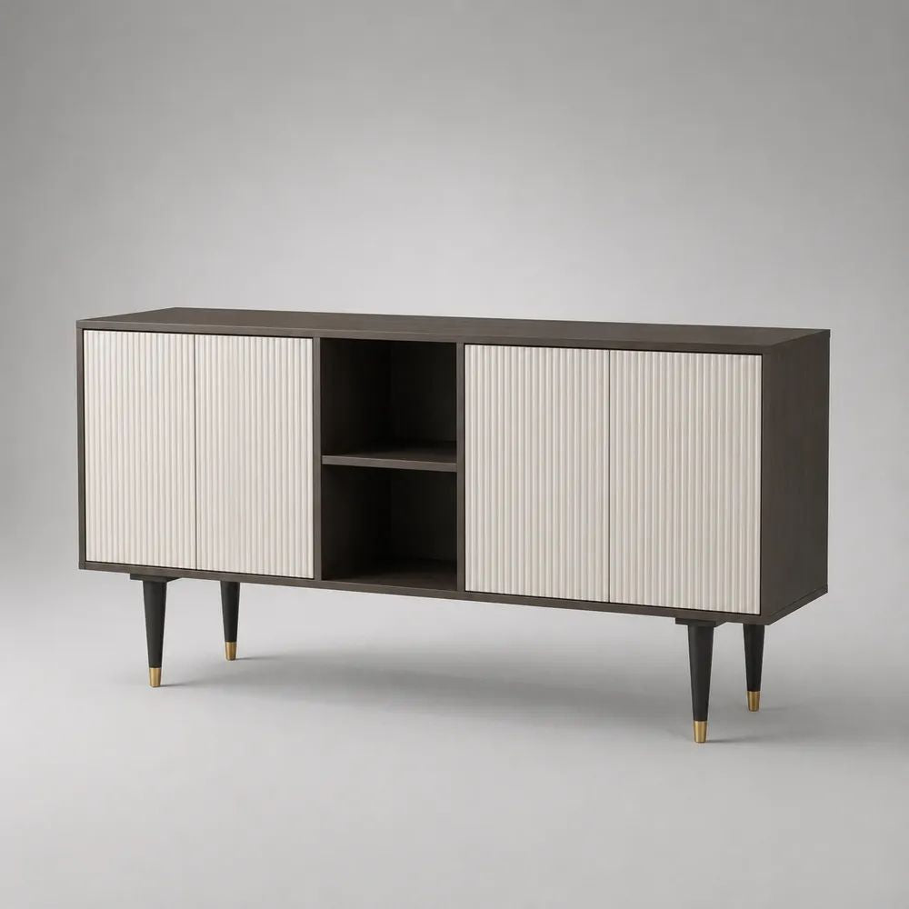 TV-Lowboard aus Spanplatte und MDF mit 2 Türen und 2 offenen Fächern, Dunkelbraun/Cremeweiß, 140 × 40 × 75 cm