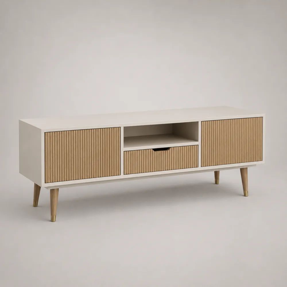 TV-Lowboard mit Lamellentüren aus MDF und Kautschukholz, Weiß/Eiche Natur, 160 × 40 × 60 cm