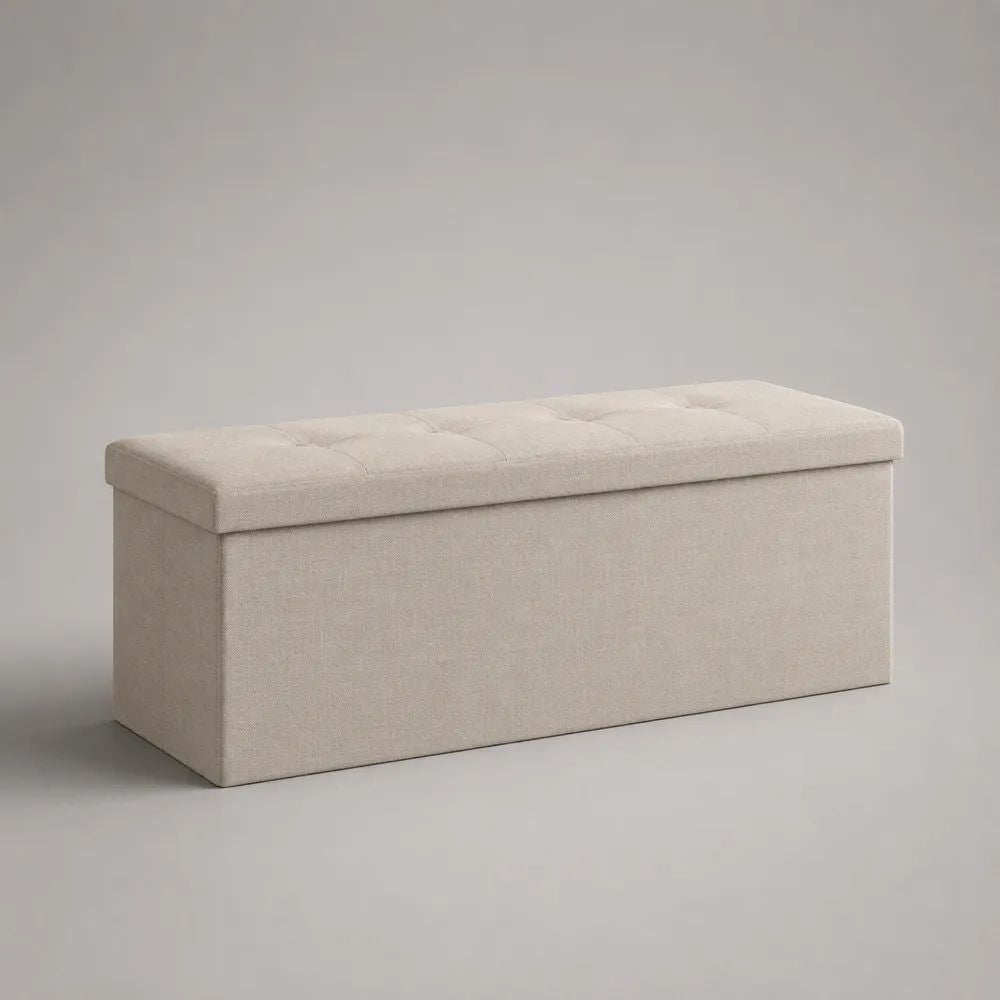 Bettbank mit Stauraum, gepolsterte Sitztruhe aus MDF mit Polyesterbezug, Beige, 110 x 38 x 42 cm