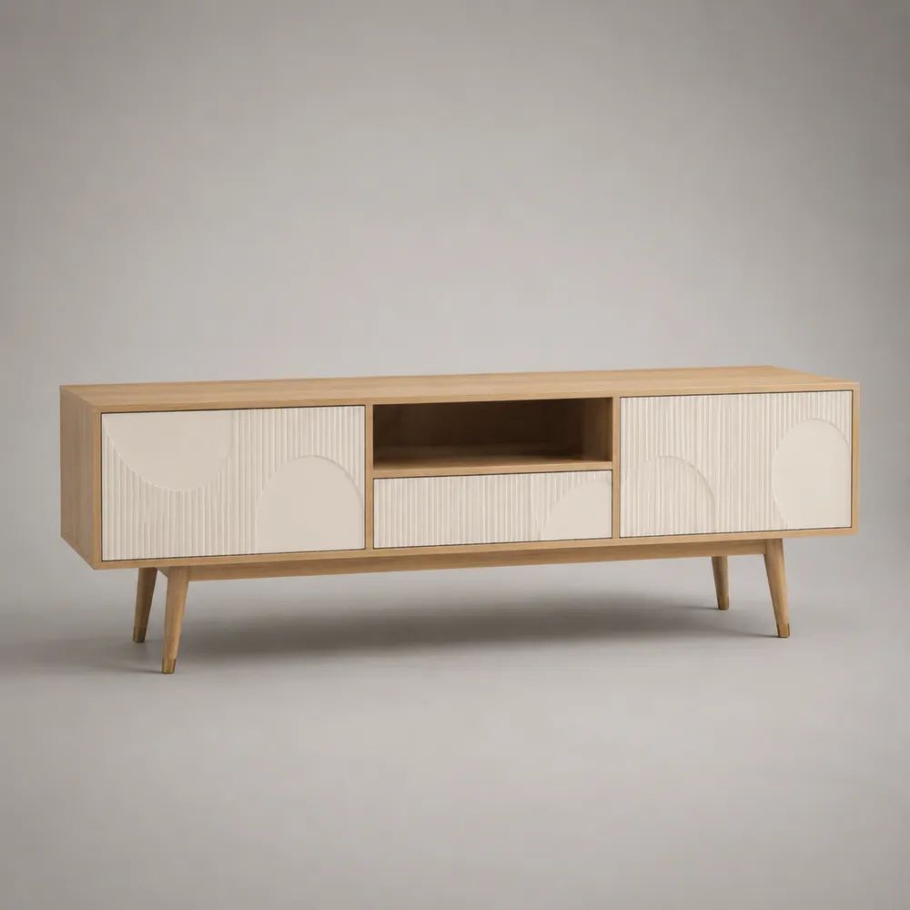 TV-Lowboard aus MDF mit Eichenfurnier, 2 Türen und 1 Schublade, 160 × 40 × 60 cm, Natur/Cremeweiß