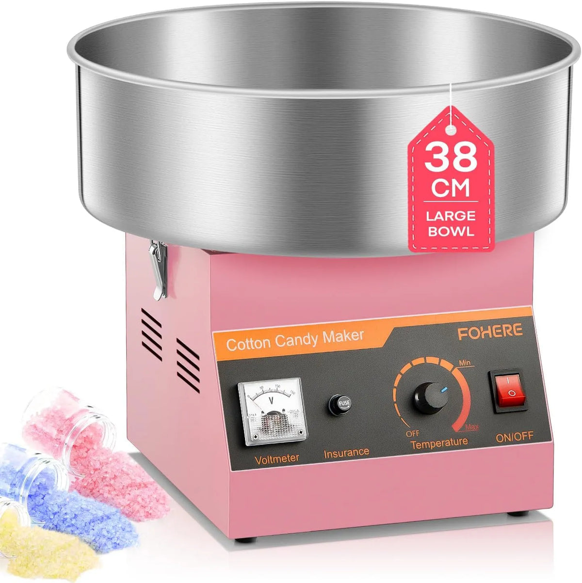 FOHERE Elektrische Zuckerwattemaschine, Leistung 1000 W Zuckerwattegeräte, Kommerzielle Zuckerwattemaschine mit 38 cm Edelstahlschüssel & Zuckerlöffel