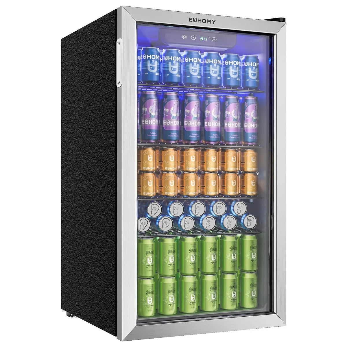 Kühlschrank, Bar, EUHOMY 90L Getränkekühlschrank, Minikühlschrank für 126 Dosen mit Glastür, Bier oder Wein, für Zuhause, Büro, Edelstahl, Silber