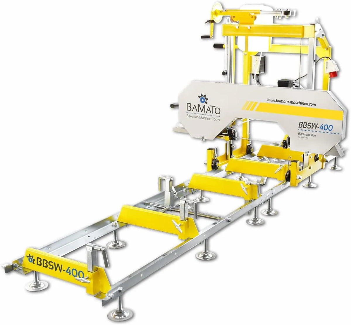 Modell BBSW-400 BAMATO Blockbandsäge, 3m Rollbahn, Erweiterbar, Schnellspannsystem, 2,2 kW Leistung, Spannung 400V Elektromotor
