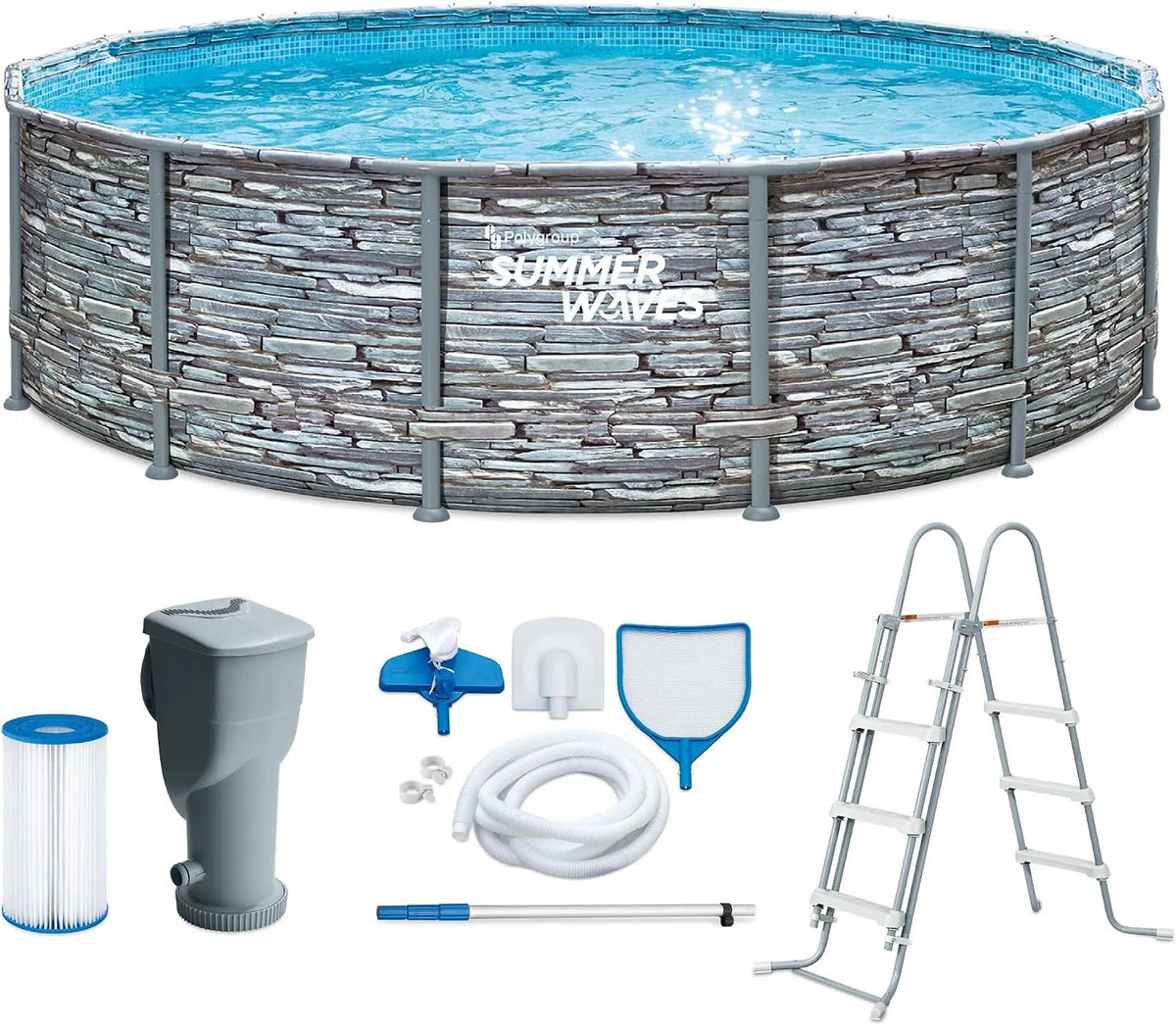 Pool Summer Waves Frame, Rund 427x107 cm Steinoptik Farbe Grau, Komplettset, Aufstellpool Set, Gartenpool & Schwimmbecken inklusive. Filterpumpe
