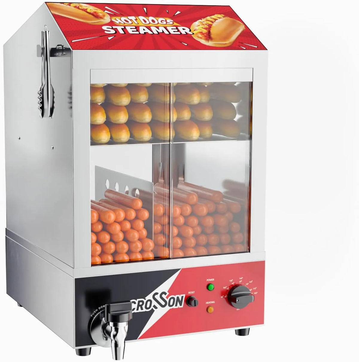 Dog Dampfgarer CROSSON Hot, Fassungsvermögen 42L, 175 Hot Dogs und 50 Brötchen Brötchen Fassungsvermögen Brötchenwärmer
