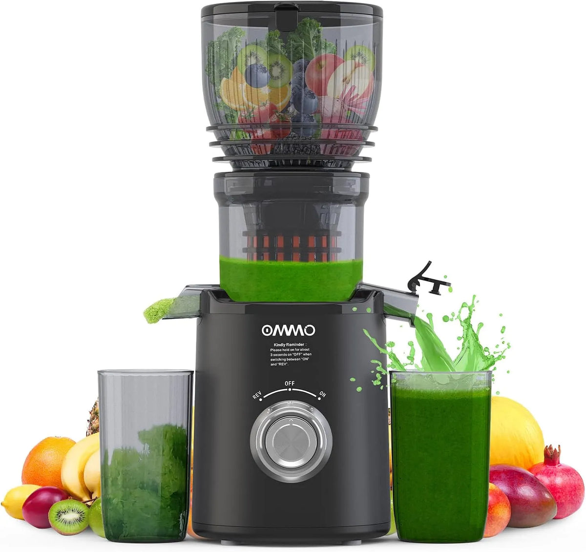 Entsafter OMMO, Leicht zu Reinigender Elektrische Saftpresse mit 2 PC-Tassen, Slow Juicer, BPA-Frei, in Schwarz