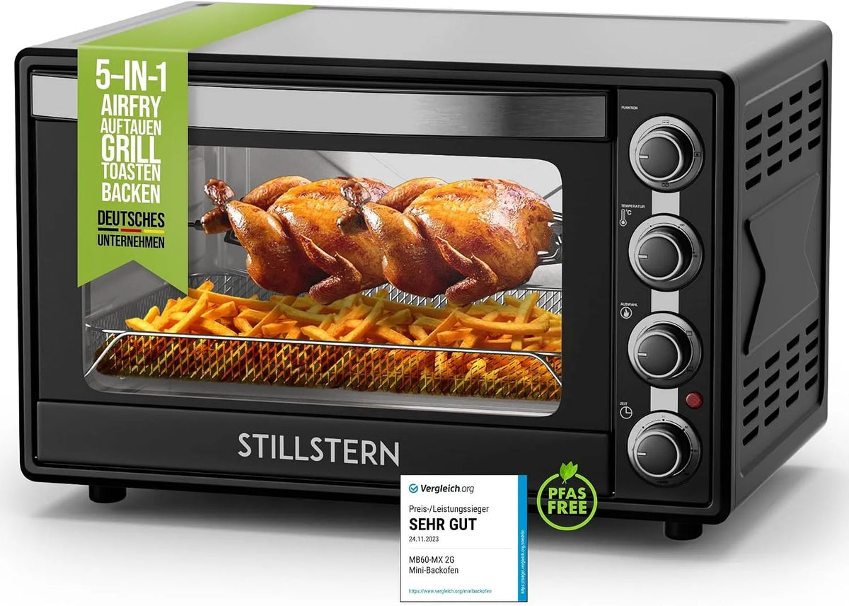 Backofen, Stillstern Minibackofen mit Umluft 60L, Pizza Ø40, CYCLONE PRO+ Antihaftbeschichtung, 2h Timer, DE Version, Auftauen