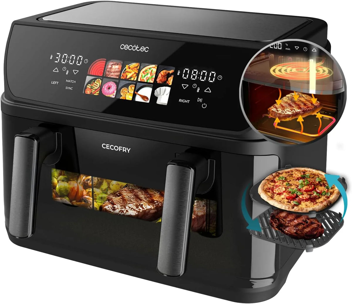 Cecotec Heißluftfritteuse, Air Fryer Cecofry&Grill Duoheat 10000. 2800W, ohne Öl, Fassungsvermögen 10L, 10 Menüs, Temperaturregelung 40-200°C