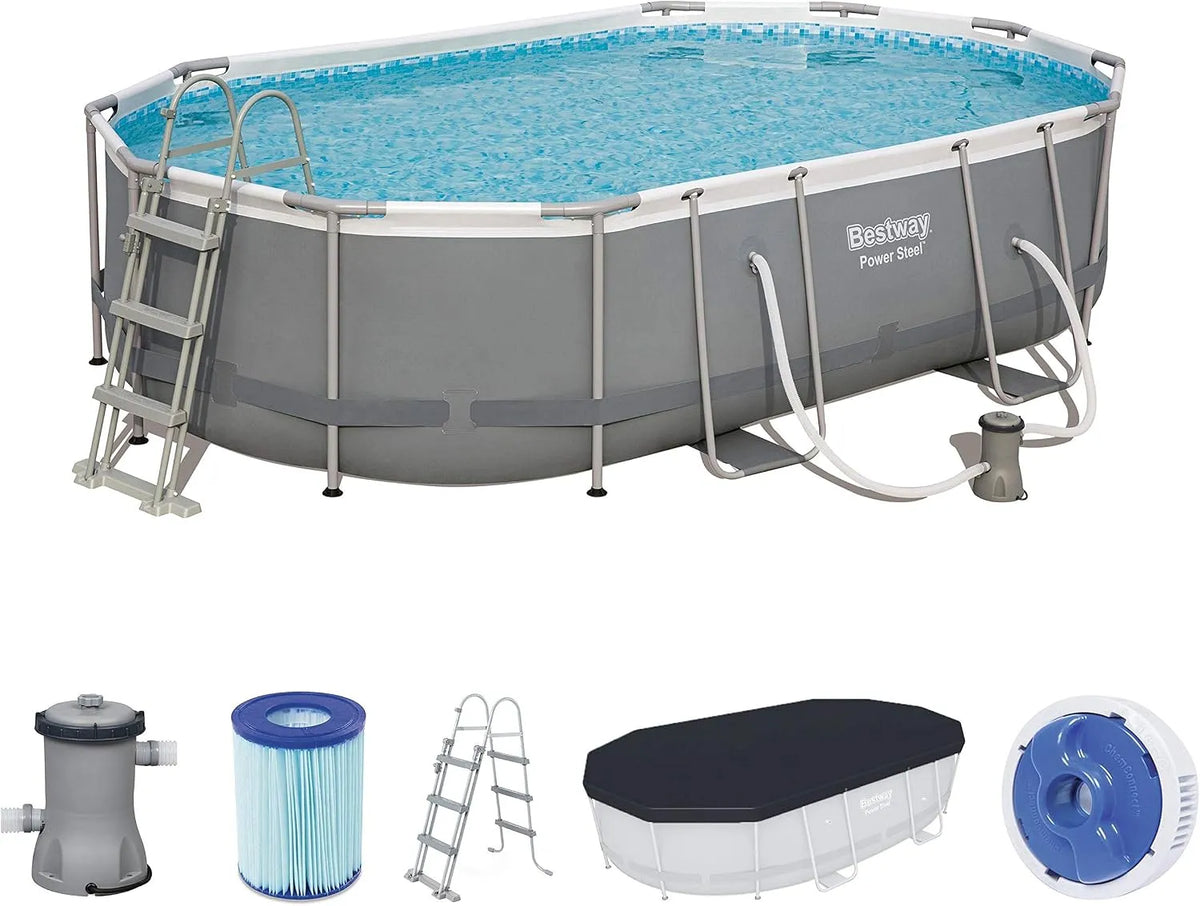 Bestway Pool, Ovaler Stahlrahmenpool-Set mit Filterpumpe und Zubehör, Power Steel Oval Set 488x305x107 cm