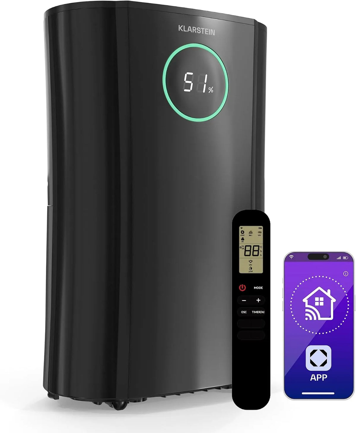 Klarstein Luftentfeuchter 24h, Fassungsvermögen 4L Tank, Smart Feuchtigkeitssensor, Timer, in Schwarz, DryFy ProConnect 24L, Wi-Fi App Steuerung