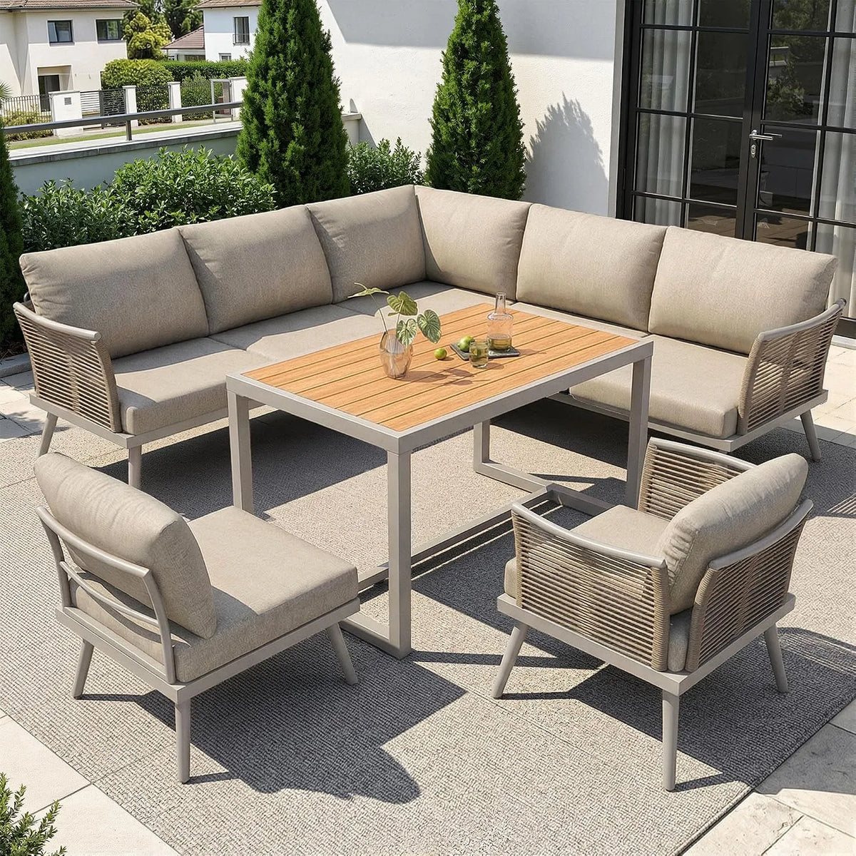L-förmiges Gartensofa-Set mit Holztisch Lcoho Achtpersonen, Bank & Holz-Arbeitsplatte, Maße 181 x 65 x 79 cm, inklusive. Sessel, Mit grauen Polstern