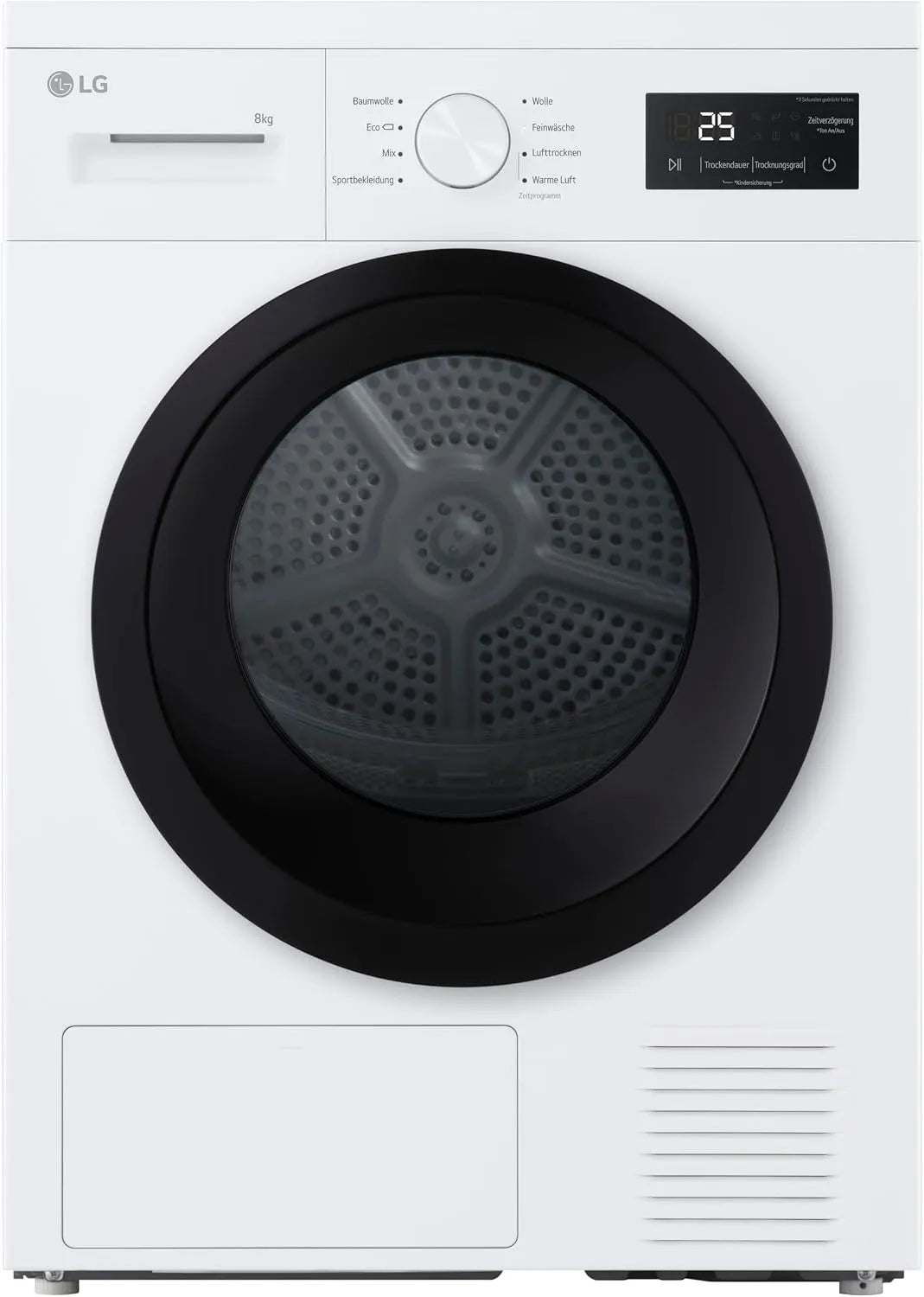 LG Modell, Gewicht 8 kg RT80B2, 8 Betriebsprogramme, Dual Inverter Wärmepumpe, Sensor Dry, Startzeitvorwahl, Edelstahl, Kondenstrockner, Trommellicht