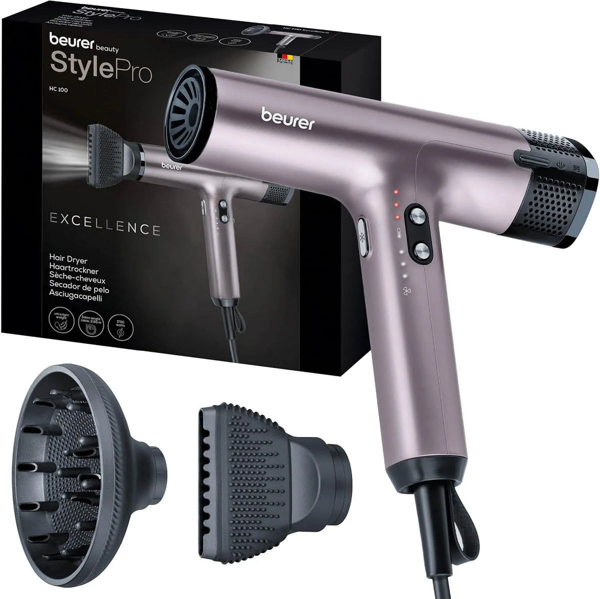 Beurer Excellence Haartrockner HC 100 Beurer HC, Föhn mit kraftvollem Digitalmotor, trocknet, leichtes Gewicht, besonders leise