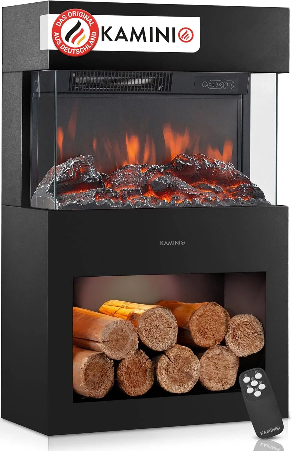 Elektrokamin 3D-Flammeneffekt, Elektrischer Kaminofen mit Heizung, LED-Ambientelicht, in Schwarz, Henri, Holzfach, Fernbedienung
