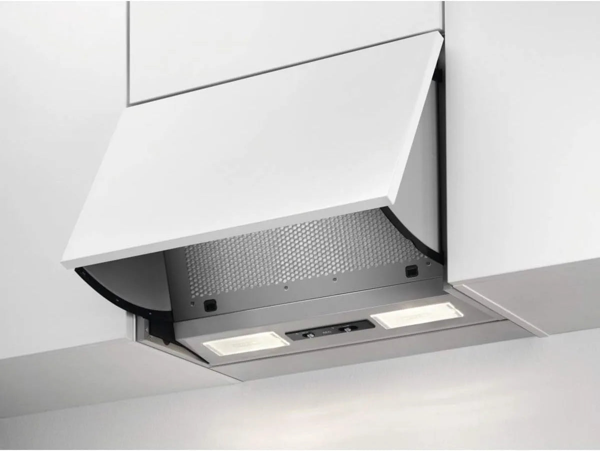 AEG Dunstabzugshaube DEB1621S, 66,1 kWh pro Jahr, 59,8 cm Einbau, klappbar mit 3 Leistungsstufen, Vlies-Fettfilter, LED-Beleuchtung, Farbe Grau