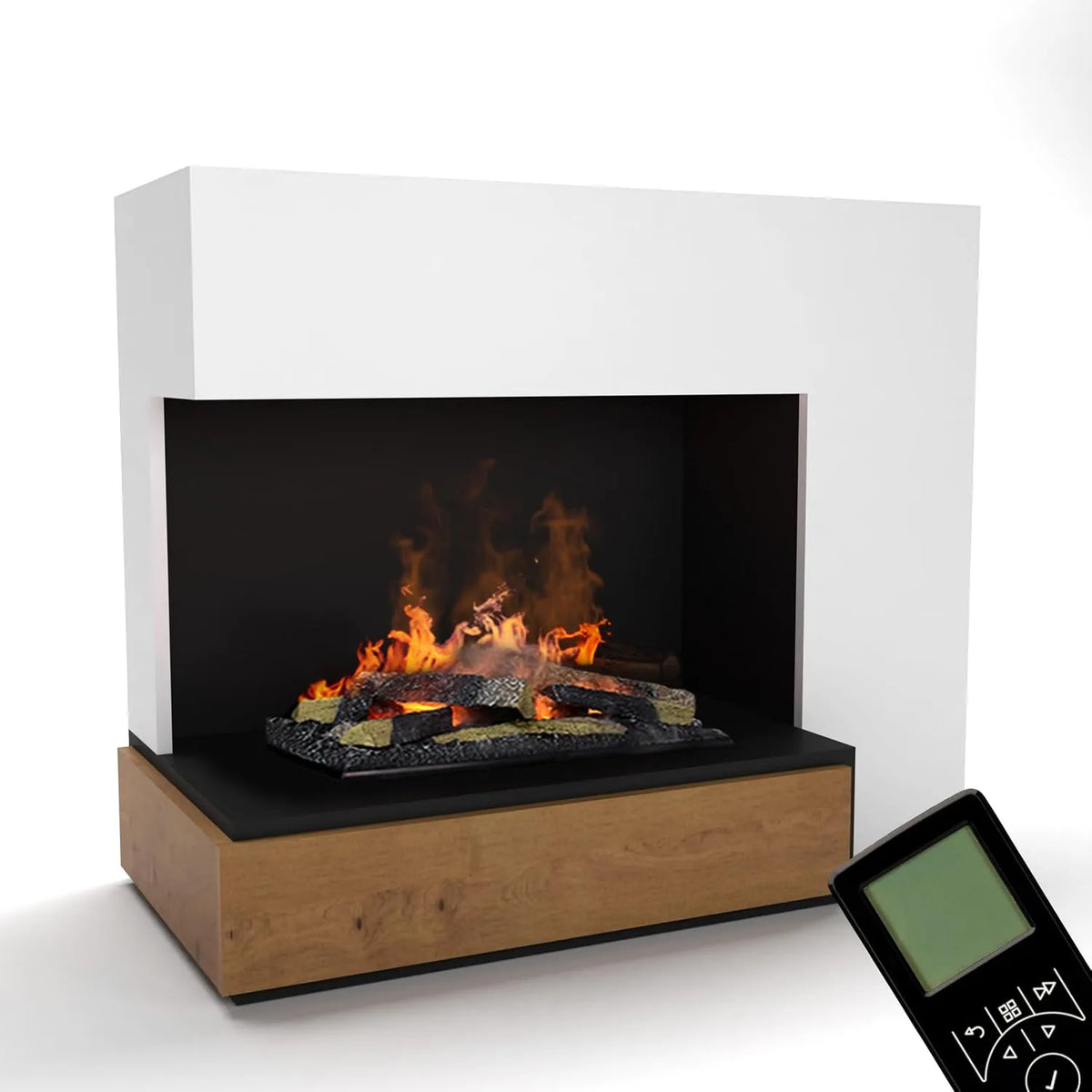 Elektrokamin 3D-Flammen, Maße 109x90 cm, Opti-Myst 600 Elektro Kamin mit Holz-Deko, GLOW FIRE Wasserdampf Kamin PLANCK Links, Standkamin, Weiß