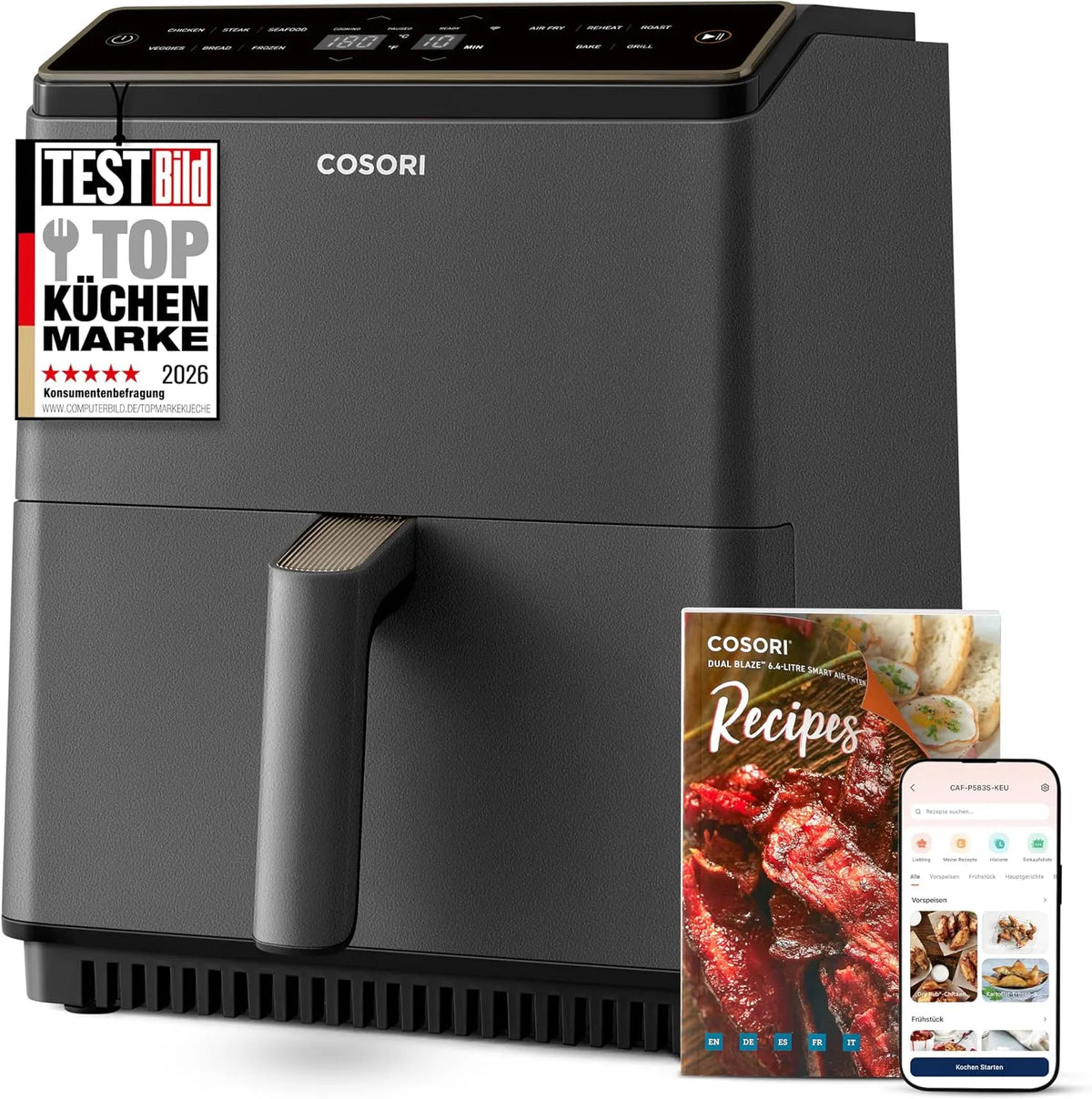Heißluftfritteuse, 11-in-1: Backen, COSORI Dual Blaze Airfryer, Grillen, Hühnchen, Farbe Grau, Fassungsvermögen 6,4L XXL Air Fryer, 80+ Rezepte, Brot