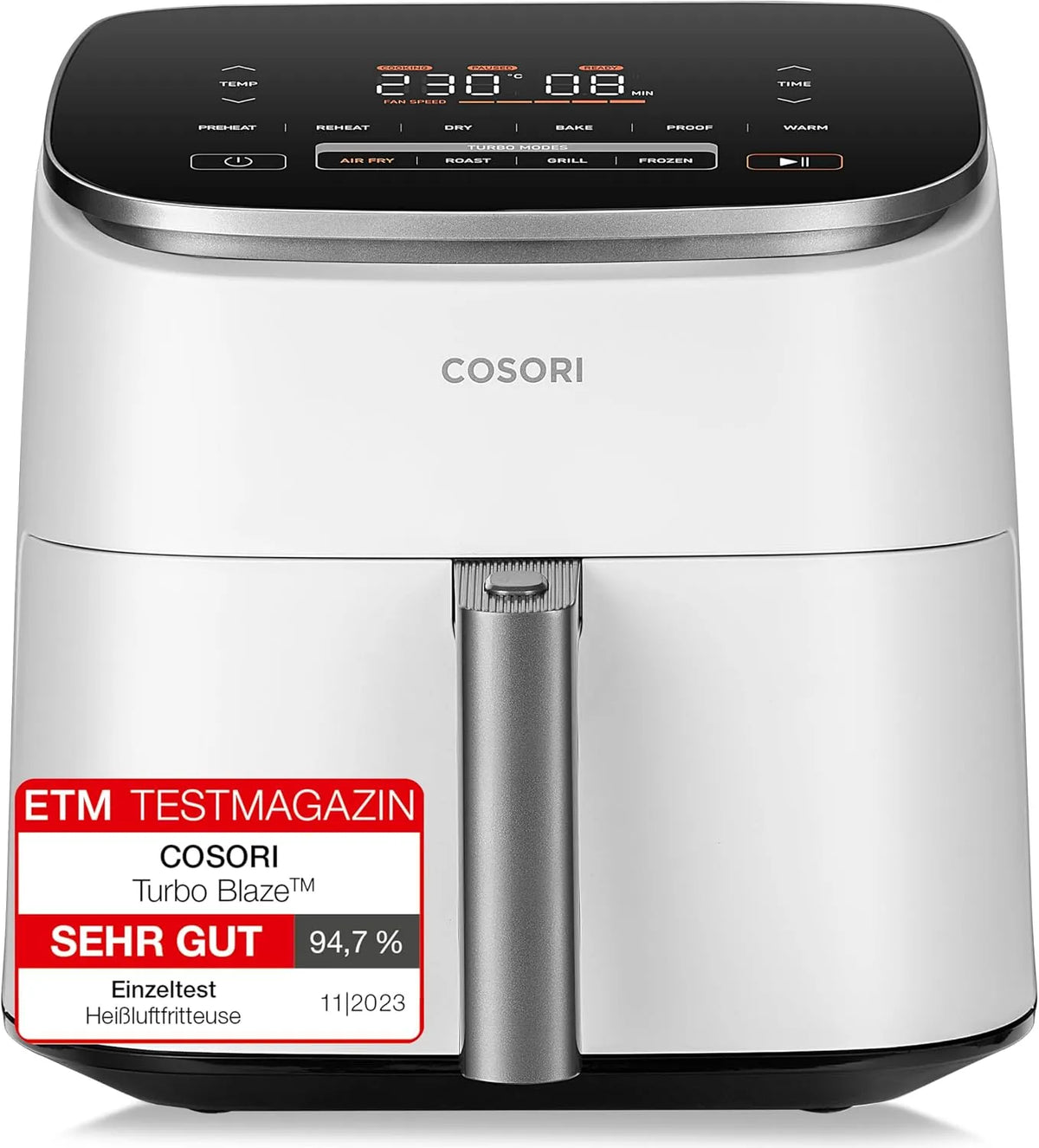 Heißluftfritteuse Cosori Turboblaze, 9-in-1 Air Fryer XXL 6L, 64% energiesparend, Grillen, Gären, Weiß, leiser DC Motor mit 5 Geschwindigkeitsstufen
