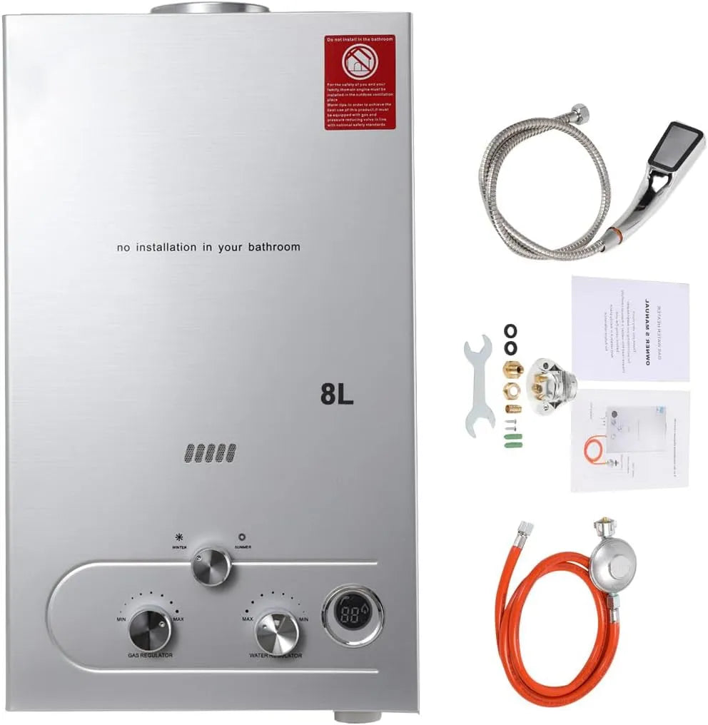 Warmwasserbereiter, Fassungsvermögen 8L 16KW Tragbarer Gas Durchlauferhitzer Propangas Campingdusche, mit Gasdruckminderer