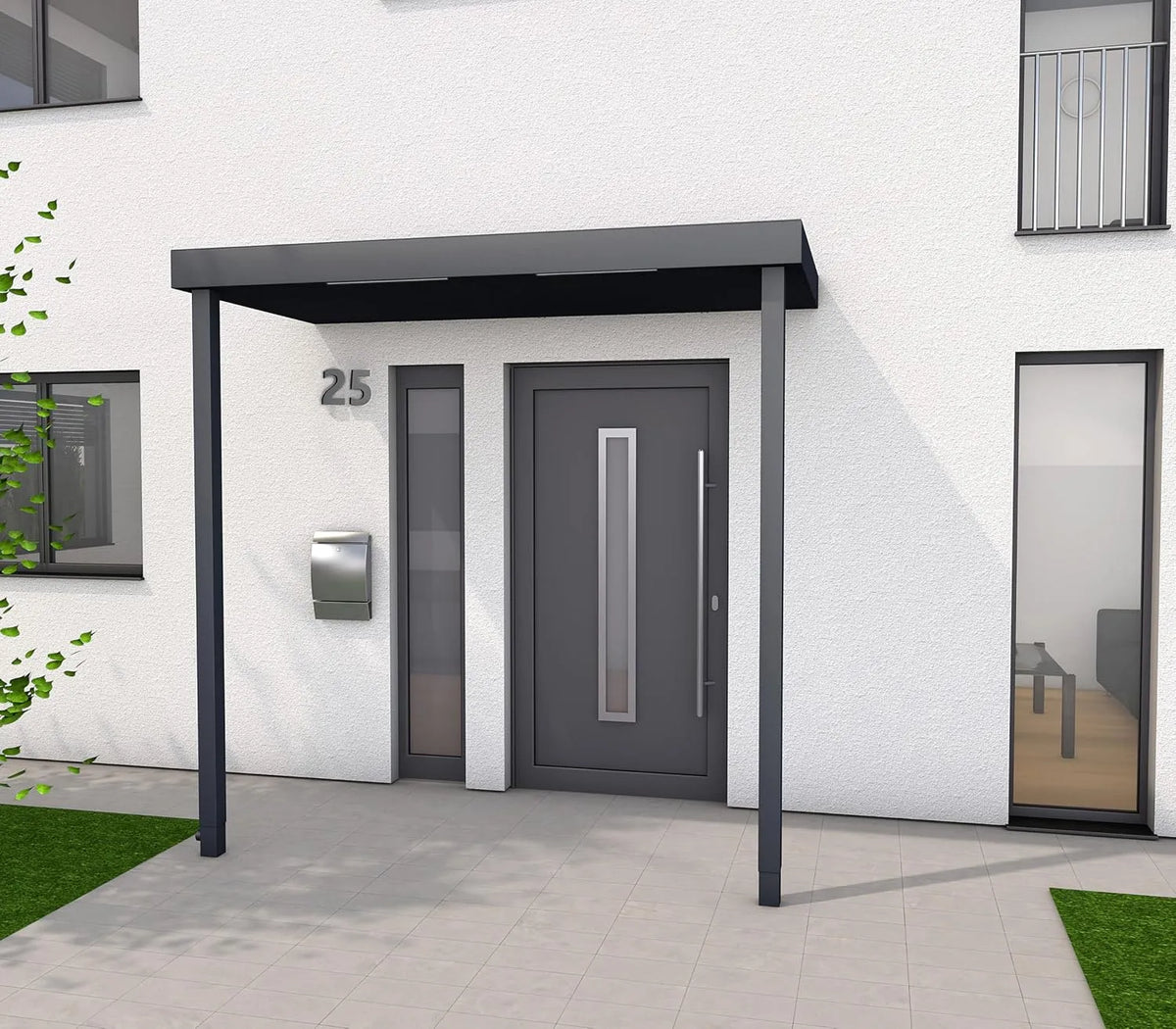 BS Plus XL mit 2 Pfosten Links Gutta Rechteckvordach, Maße: 250 x 125 x 15,5 cm, Anthrazit, BxTxH