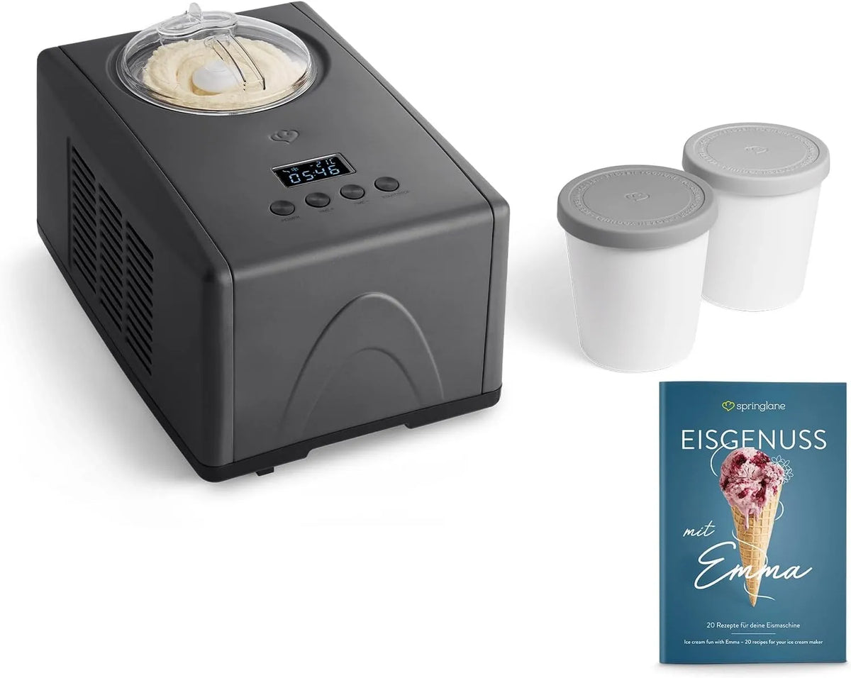 Eismaschine SPRINGLANE, Emma 1,5 L mit selbstkühlendem Kompressor 150 W, + 2 Aufbewahrungsbehälter Farbe Grau, inklusive. Rezeptheft, Anthrazit