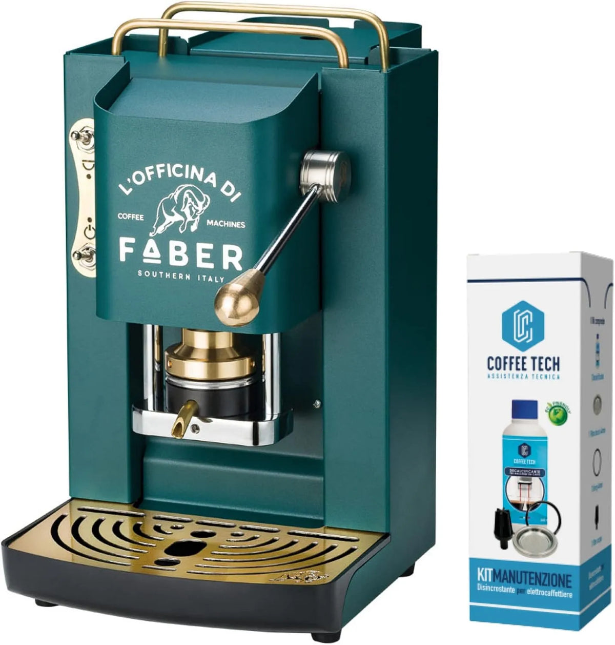 Faber Kaffeemaschine, mit Pads aus Ese-Papier 44 mm + Reinigungsset für Entkalker + 20 Kaffeepads gratis, Pro Deluxe, mit Messingveredelungen