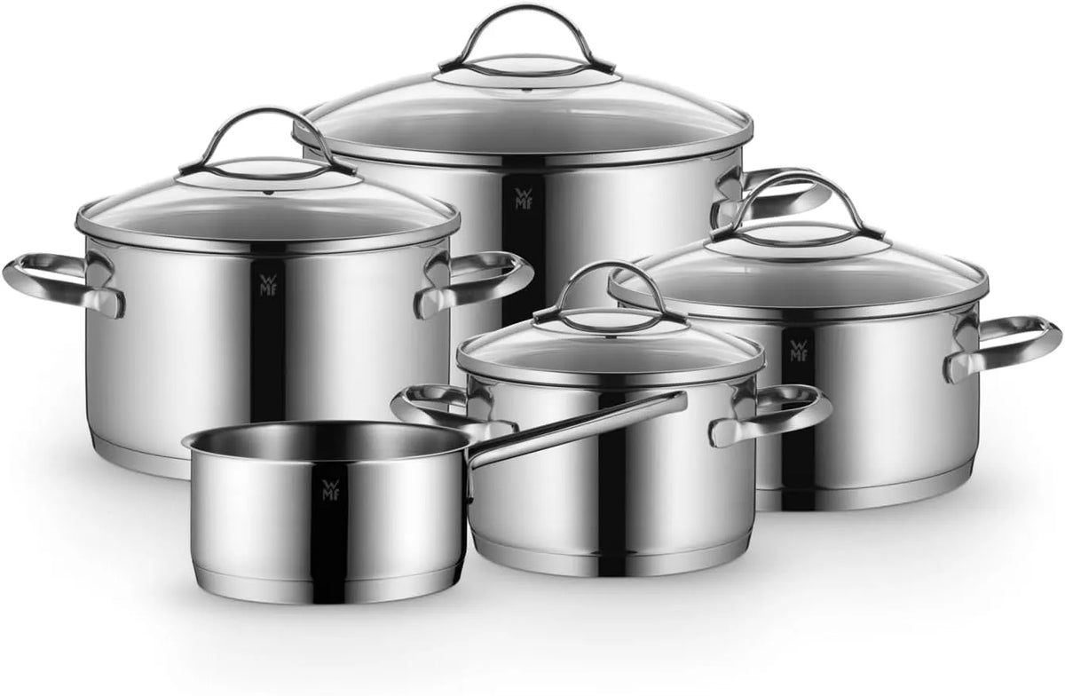 WMF Topfset, Töpfe aus Cromargan Edelstahl mit Glasdeckel, spülmaschinenfest, Kochtopfset für gesundes Kochen, breitem Schüttrand, unbeschichtet