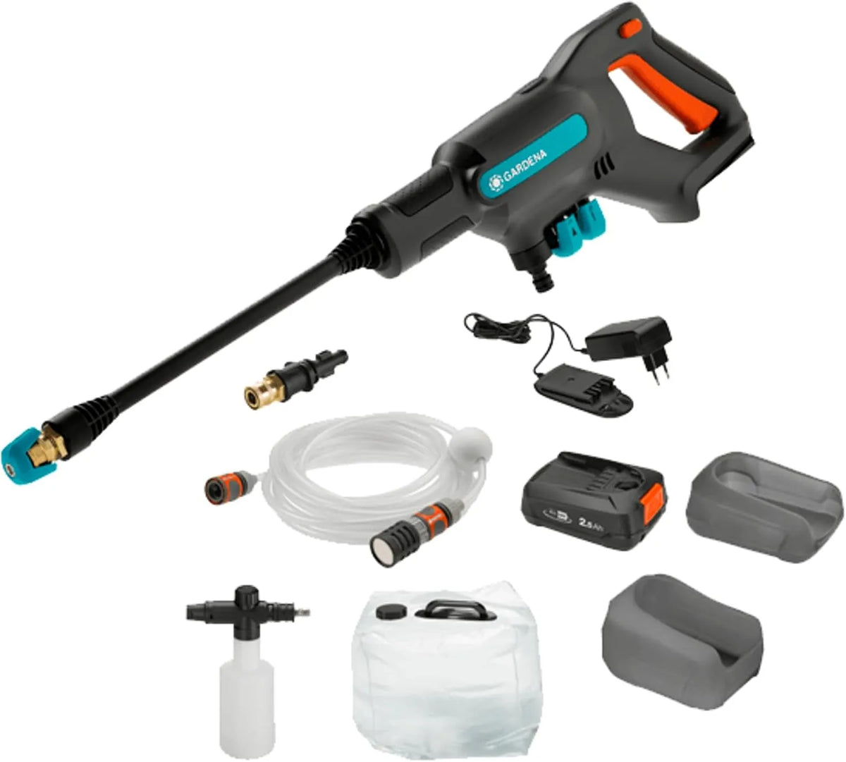 Gardena Akku-Mitteldruckreiniger AquaClean 24 P4A 14800-31, max. Druck 24 bar, 3 Reinigungsstufen, mit voller Ausstattung, inklusive. Akku + Ladegerät