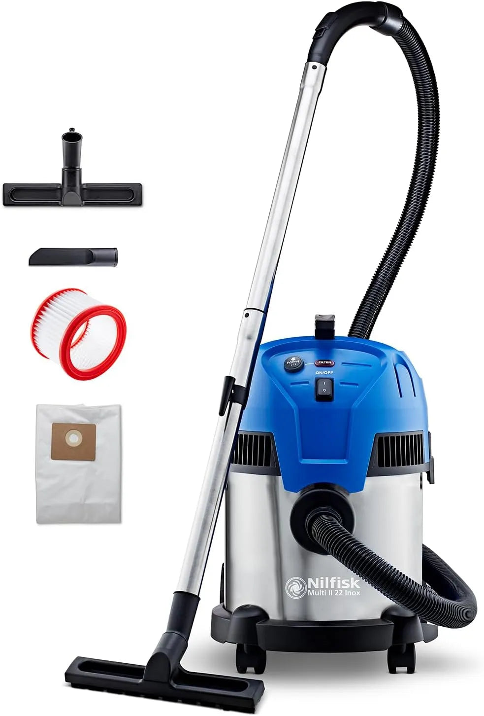 Nilfisk Nass- und Trockensauger, Staubsauger für Werkstatt, Multi II 22L INOX, Leistung 1200 W, Haus, Garten und Auto