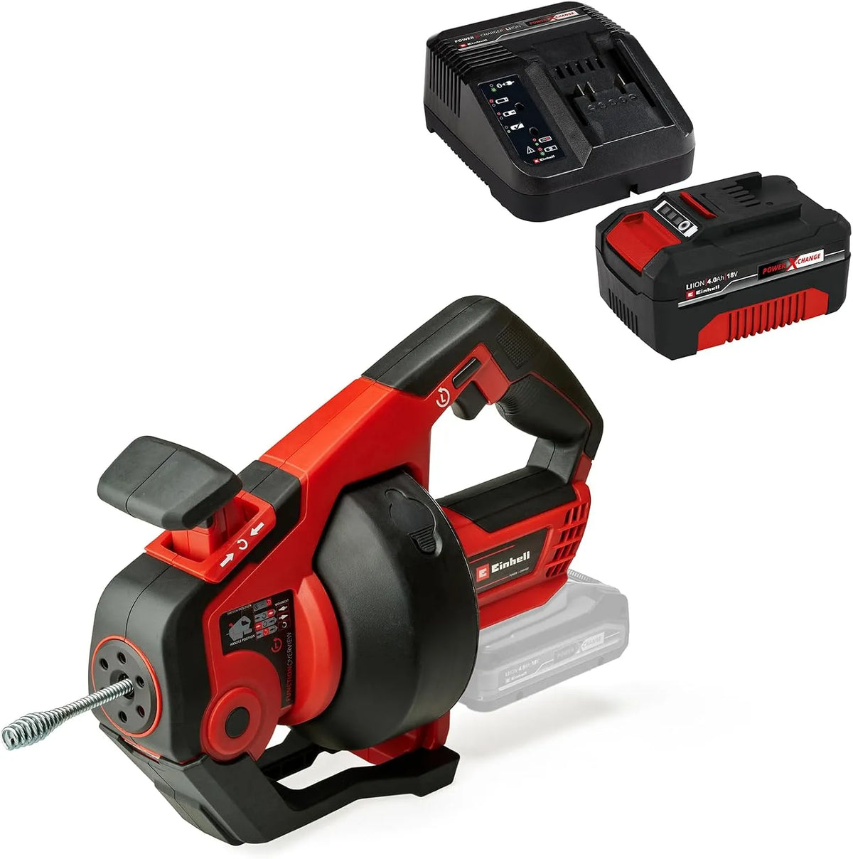 Einhell Akku-Rohrreiniger TE-DA 18, Spannung 18 V, 7,6 m lange Reinigungsspirale, inklusive. 4 Ah Akku und Ladegerät, 55 mm, Li-Ion