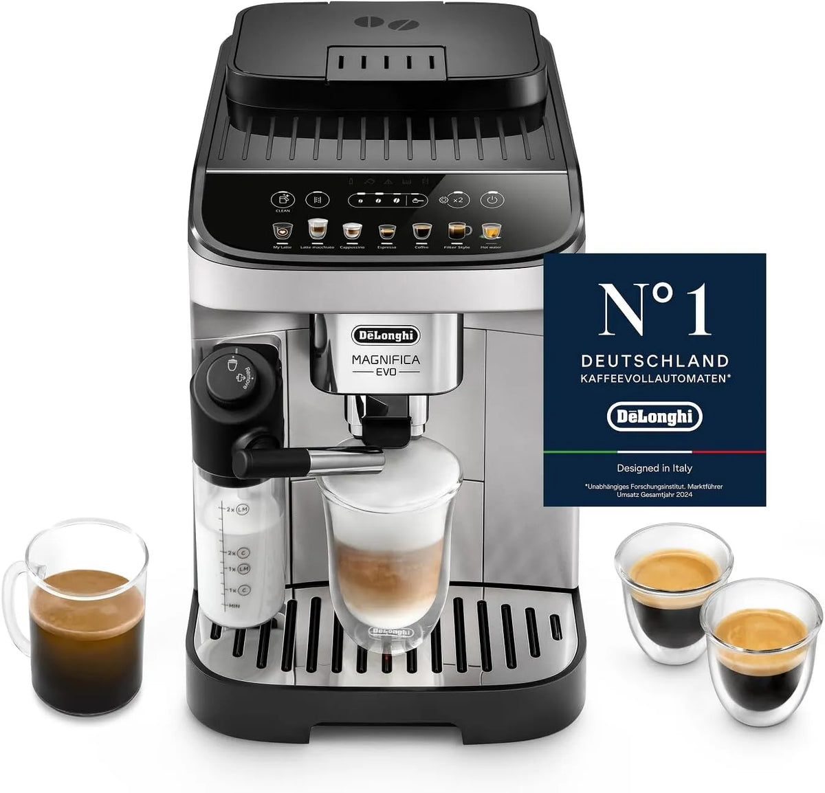 Kaffeevollautomat ECAM292.81.SB De'Longhi Magnifica Evo, 7 One-Touch-Getränke, Cappuccino & Espresso, Silber, Kaffeemaschine, Soft-Touch-Bedienfeld