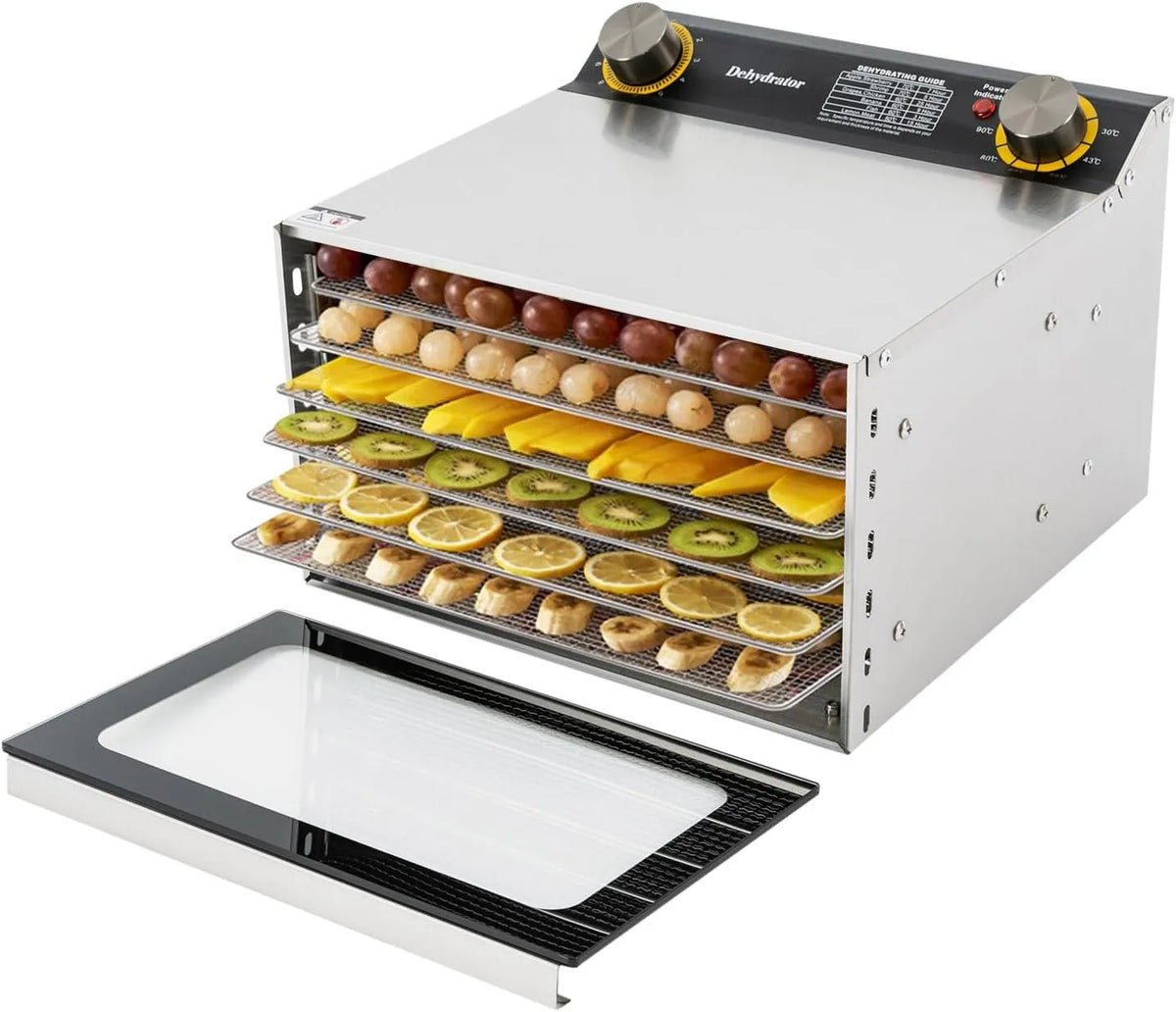 Modell mit 6 Edelstahl-Dörrgitter 24H Silber Dörrautomat, Leistung 400W Timer-Funktion LED Display, 30-90°C, Dörrgerät mit Temperaturregler
