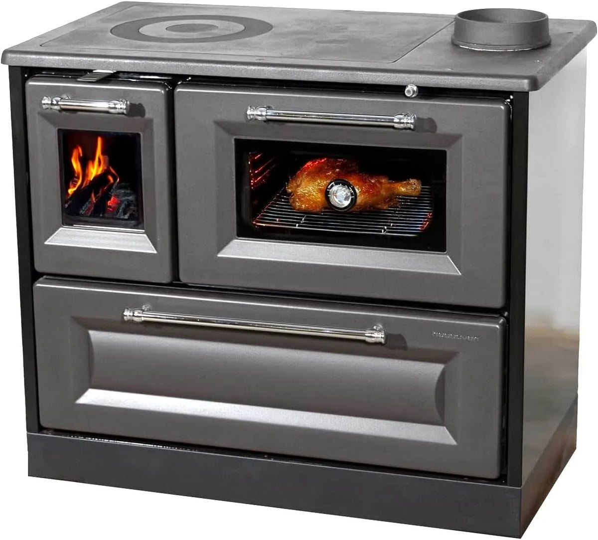 Kaminofen 4012, mit Backfach und Herdplatte Anthrazit Holzofen 8 kW Holz Ofen Mehrfachbelegung Kamin Heizofen Küchenherd