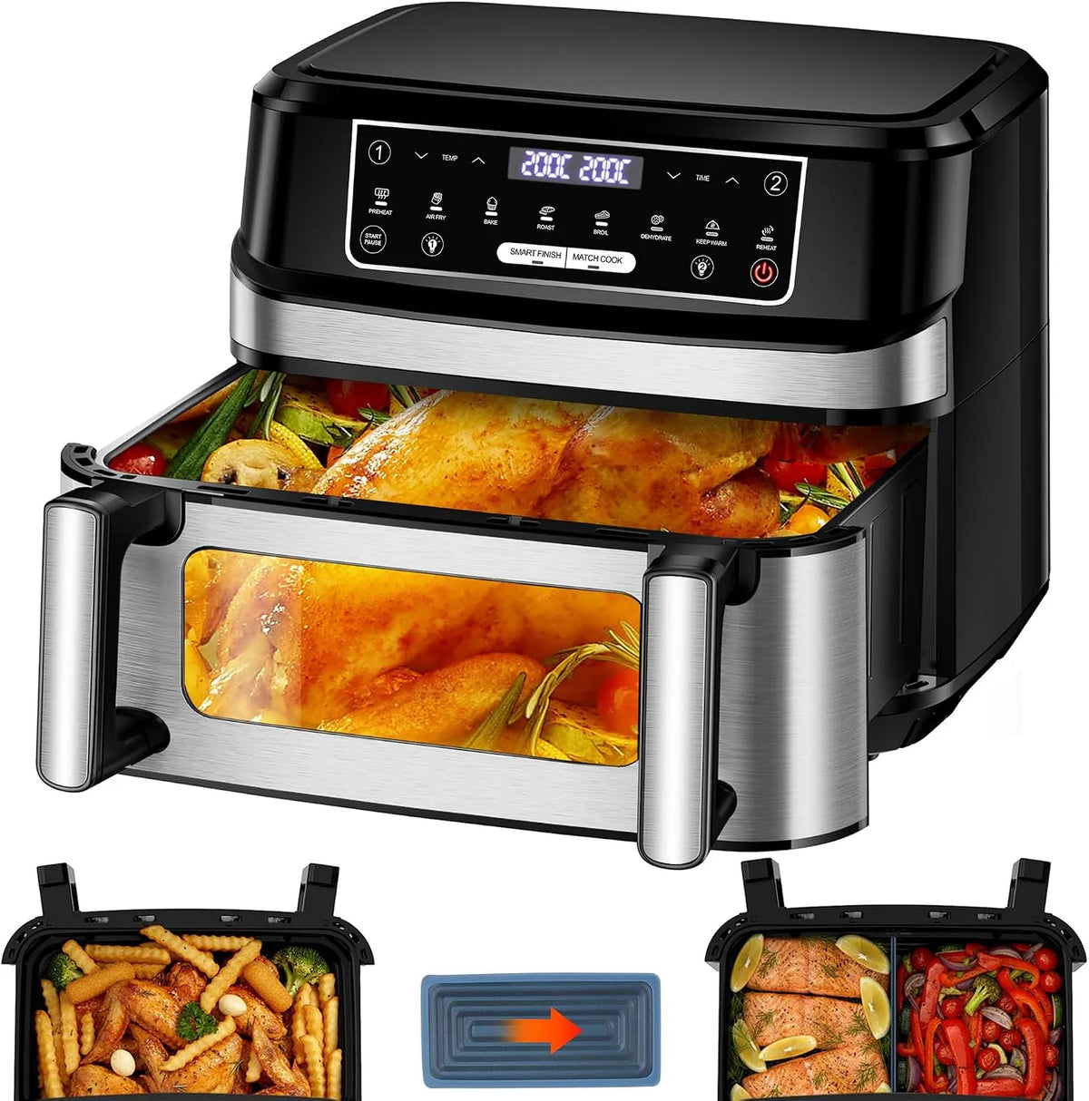 Heißluftfritteuse, Air Fryer 2 kammern mit Touchscreen Max 200℃, Fassungsvermögen 12L Airfryer Variabel Für Einzel-und Zweikammer, XXL mit Rezept