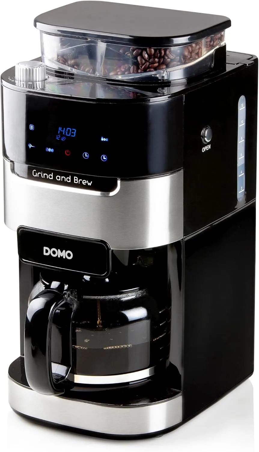 Kaffeemaschine DO721K DOMO, Bean-to-Cup-Funktion, Fassungsvermögen 1,5 L, 'Grind and Brew', Für gemahlenen Kaffee oder ganze Bohnen, LCD-Display