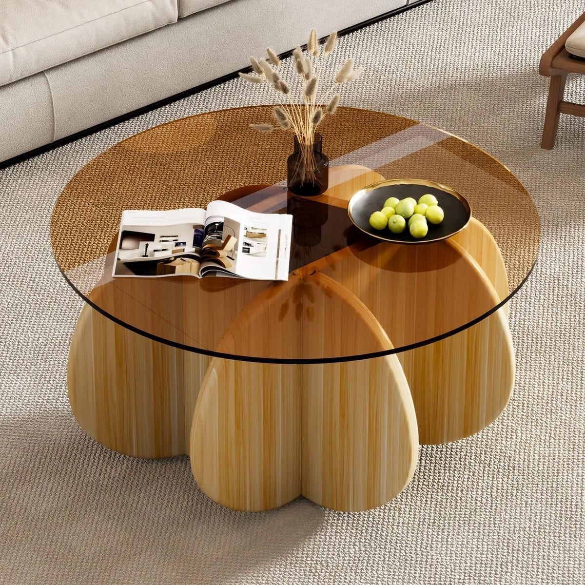 Mit Tischplatte aus gehärtetem Glas Runder Couchtisch, moderner Mitteltisch für kleine Räume, stabiler Walnussholz-Rahmen, Zuhause, Büro