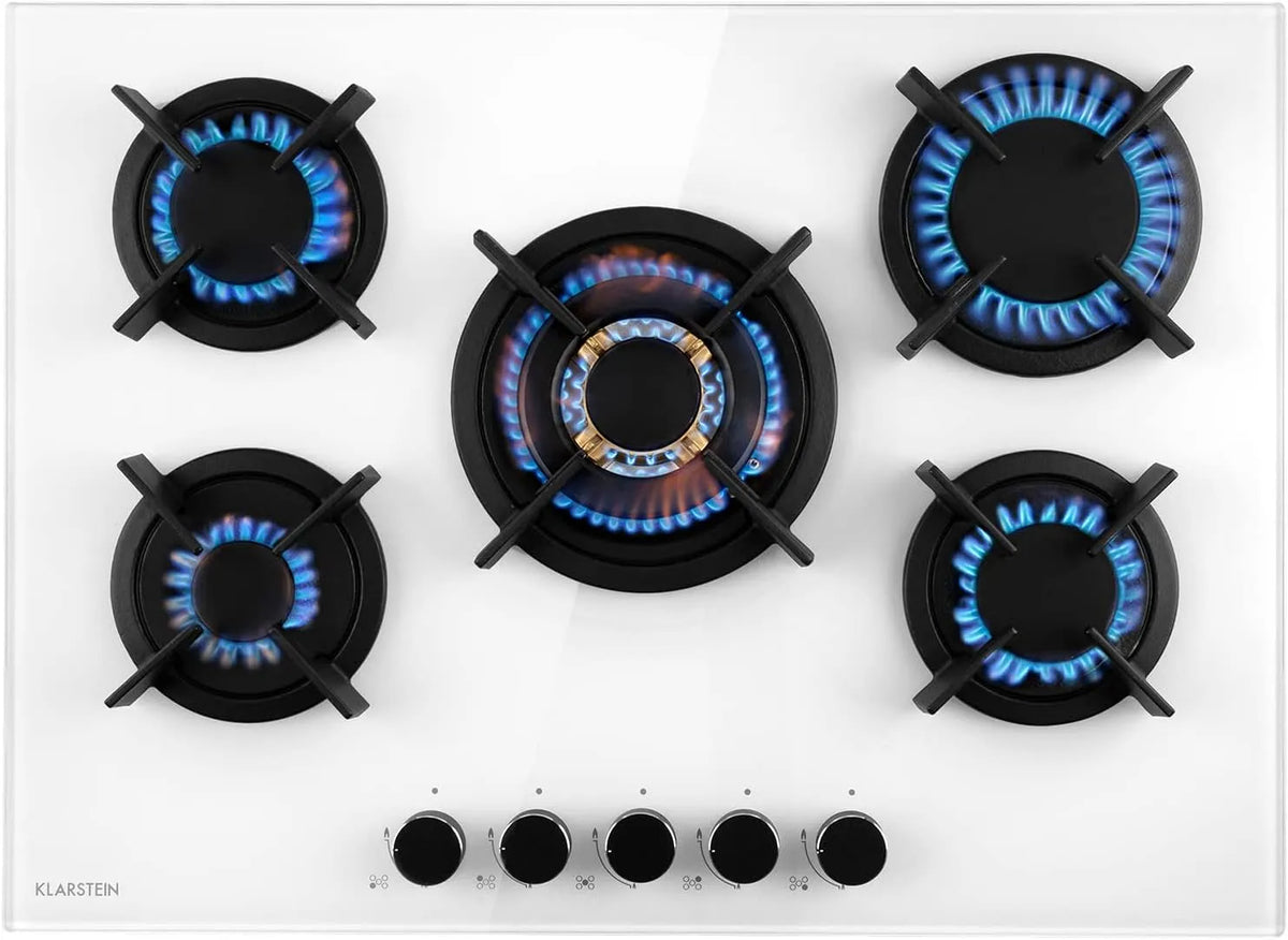 Klarstein Kochfeld, Gasherd, Gaskochfeld 5 Flammen, Edelstahl Gas-Herdplatte Wok Brenner 10400 Watt, Campingkocher mit Glasplatte