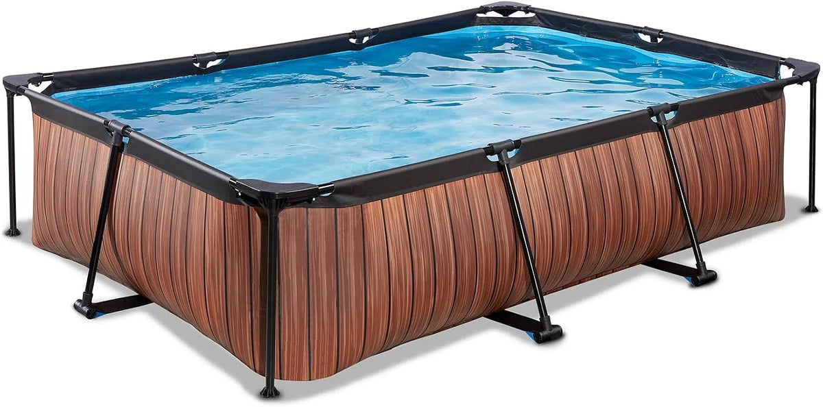 Braun Pool, EXIT Toys Wood, Kompakter Rahmenpool mit Kartuschenfilterpumpe, Für Kleinkinder Geeignet, Einzigartiges Design, Maße 300x200x65cm
