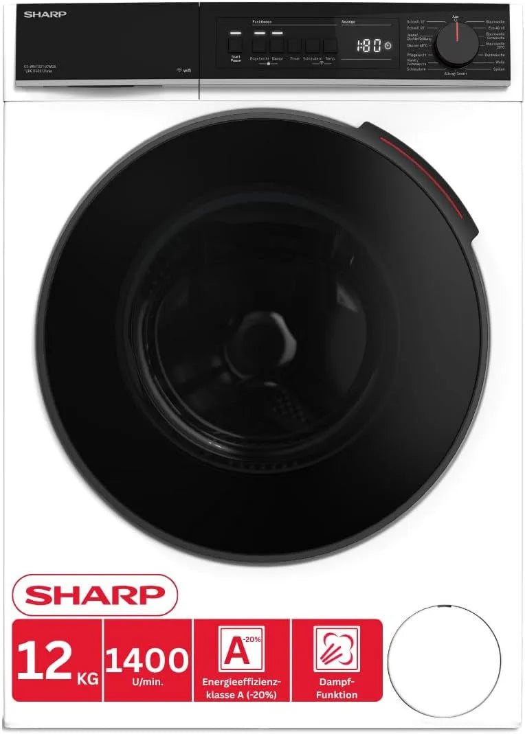 Sharp Waschmaschine ES-WNFB214CWDA-DE 1400, Energieklasse A, Dampf-Funktion, AquaStop, Schnellwaschgang, Gewicht 12 kg, Inverter-Motor, min, Weiß