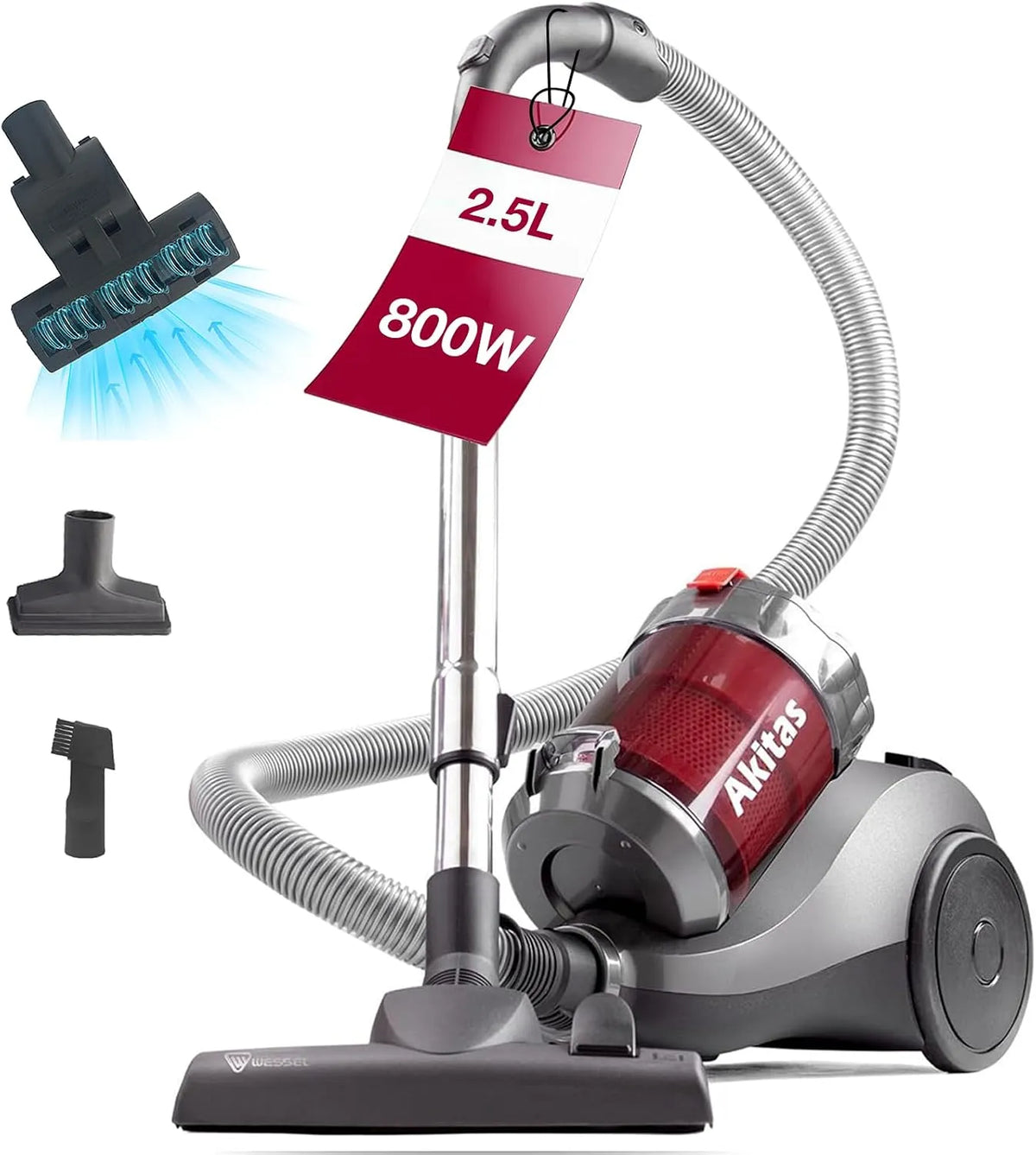 Staubsauger 2-in-1-Bürstenkopf, Akitas 800W Beutelloser: Starke Saugkraft, Deutscher Wessel-Werk, Hartböden, Teppiche
